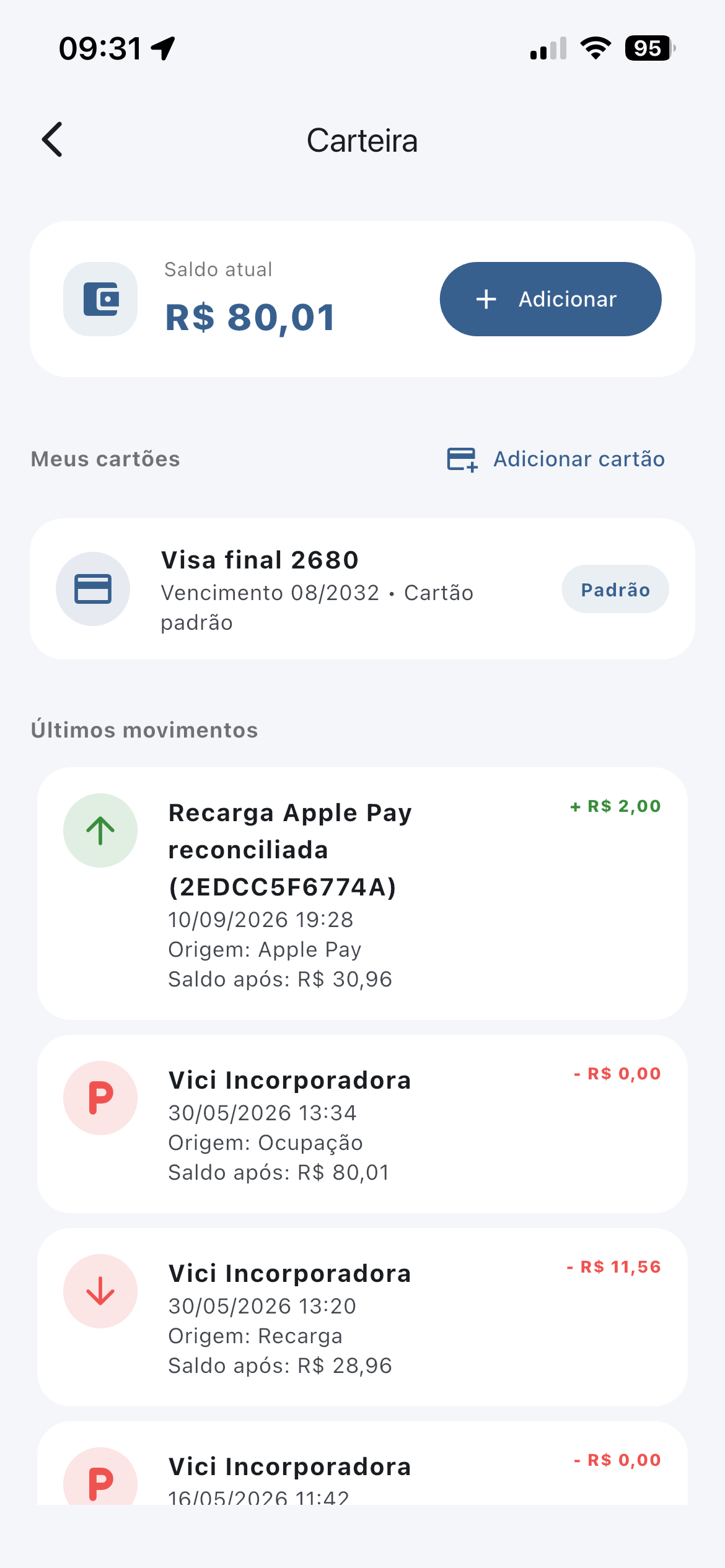 Carteira do aplicativo Quadrivolt com saldo e histórico de movimentações