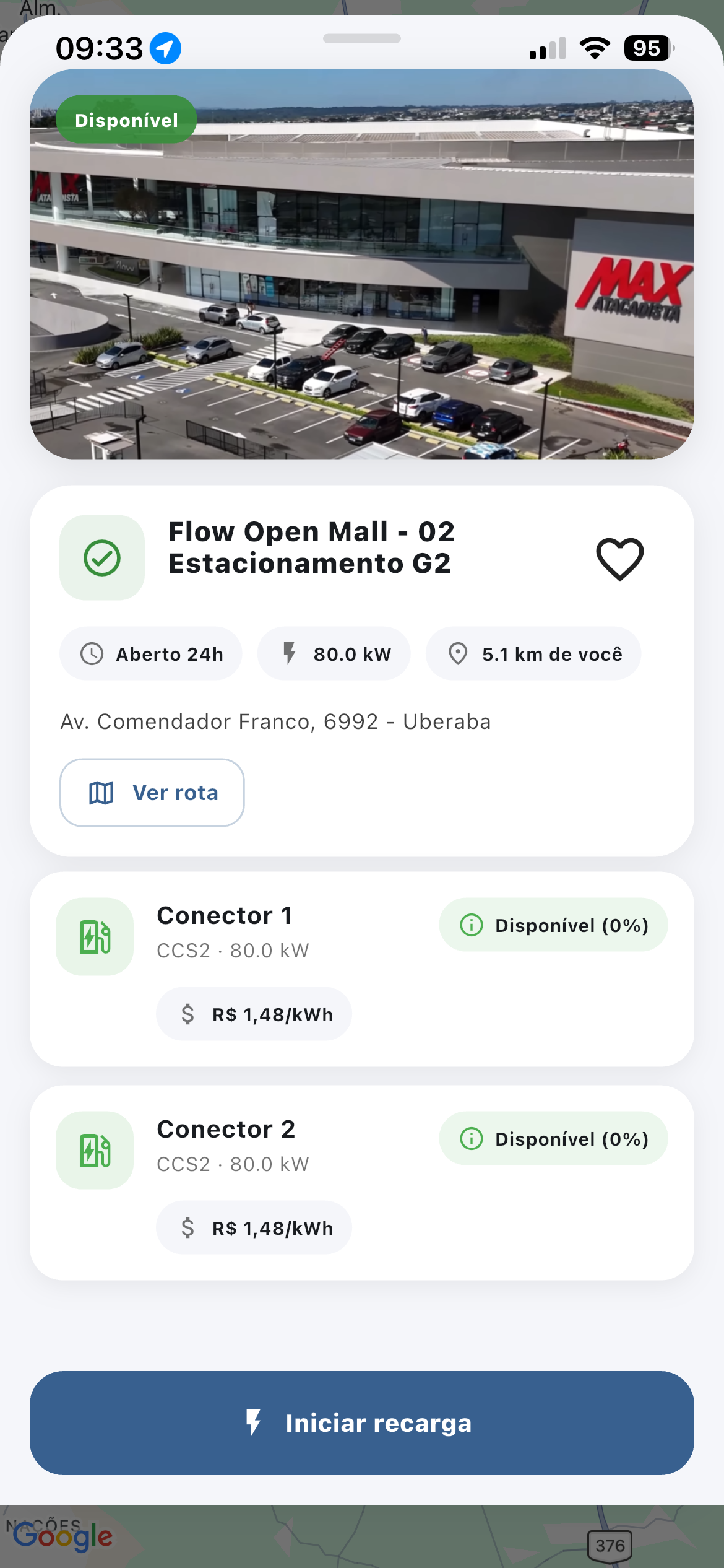 Estação Flow Open Mall no aplicativo Quadrivolt com conectores de 80 kW