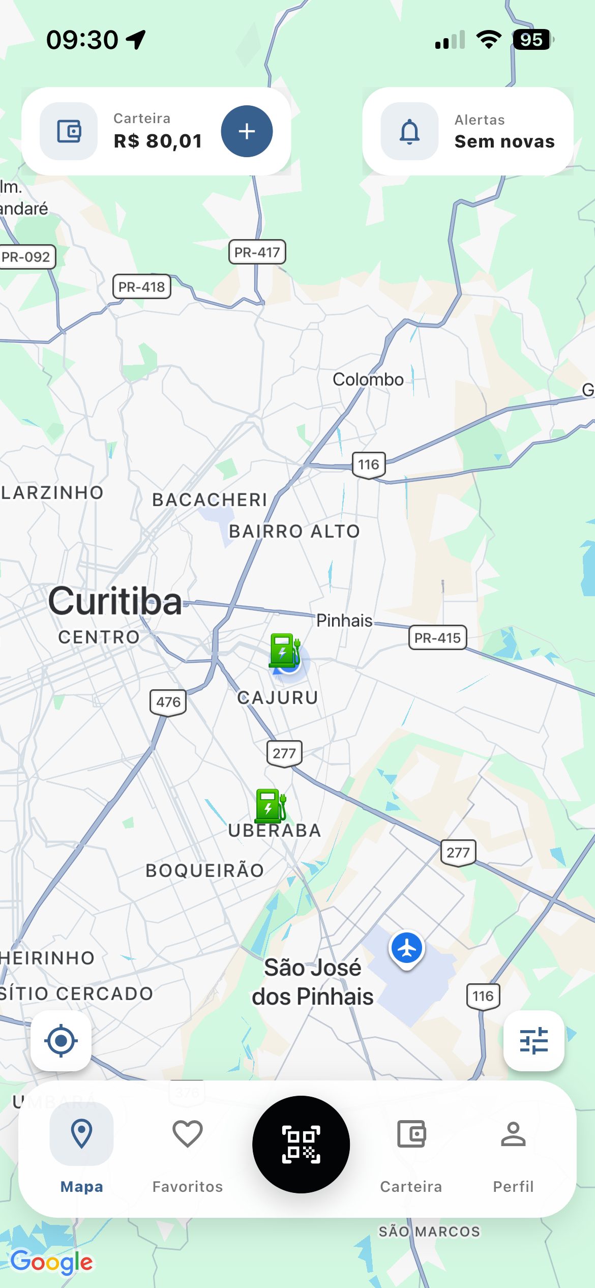 Mapa do aplicativo Quadrivolt com estações na região de Curitiba
